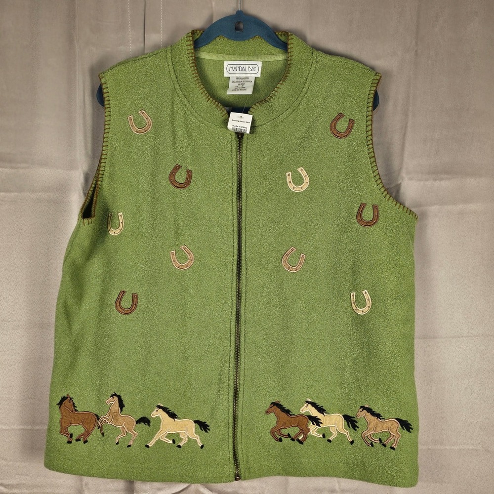 NWT Mandal Bay Womens Green Embroidered Horse Equestrian Sweater Vest‎ XL